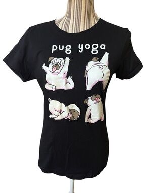 Pug Yoga Graphic Tee Med Black White Pug Dogs in Yoga Poses - Goodie Two Sleeves